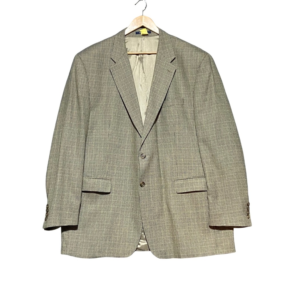 VTG Chaps Ralph Lauren Mens 48L Silk Wool Houndstooth Blazer Sport Coat Tan Blue